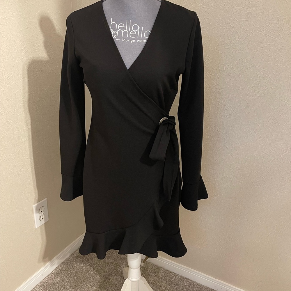 Blue Blush V-Neck Wrap Tie Dress w/Long Sleeve and Ruffle Details